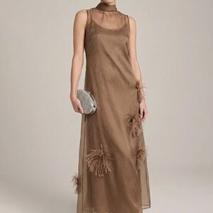 Chic Sleeveless Brown Maxi Dress with Feather Details